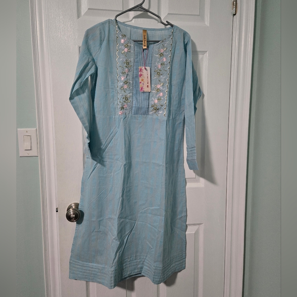 Embroidered Blue Cotton Kurta